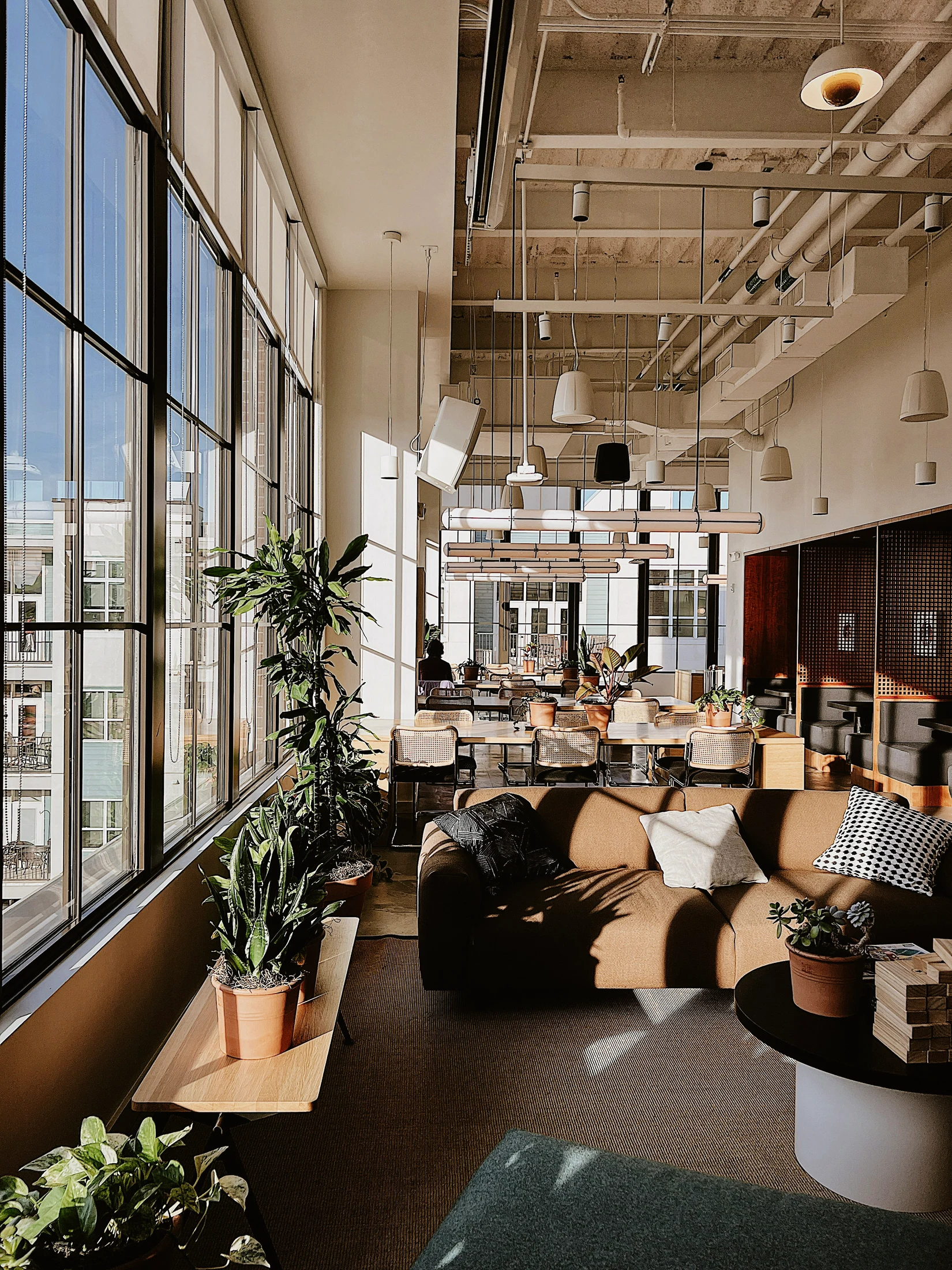 A bright open workspace with plants